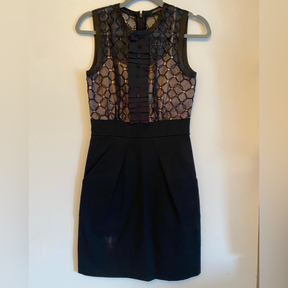 BCBG maxazria tuxedo style lace top with liner and pencil skirt